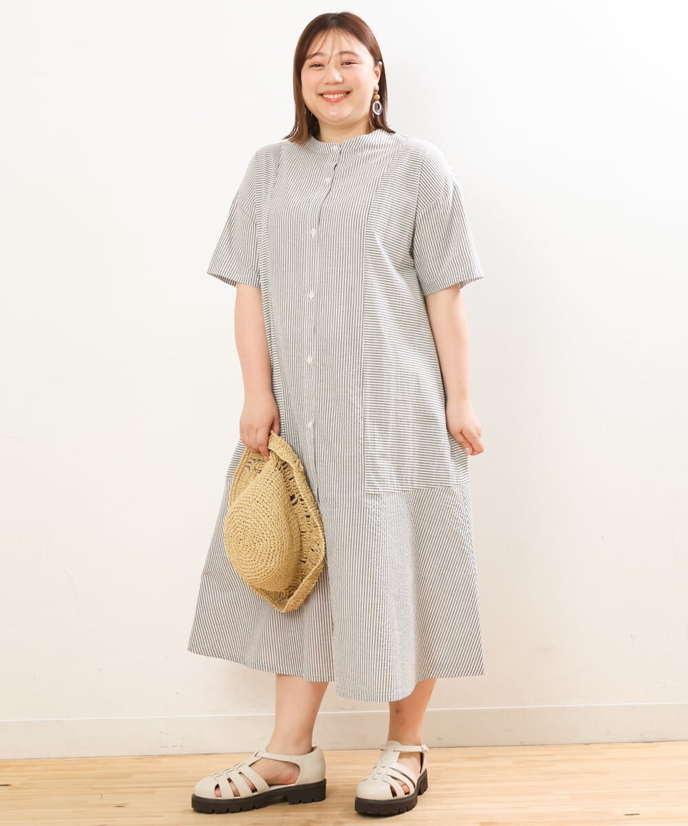 OLEGS37120 eur3(エウルキューブ) 【大きいサイズ/soso×eur3】ストライプシャツワンピース ブラック(94)