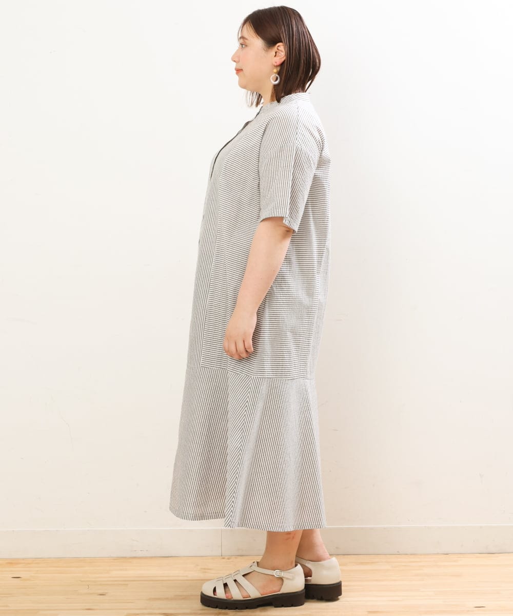 OLEGS37120 eur3(エウルキューブ) 【大きいサイズ/soso×eur3】ストライプシャツワンピース ブラック(94)