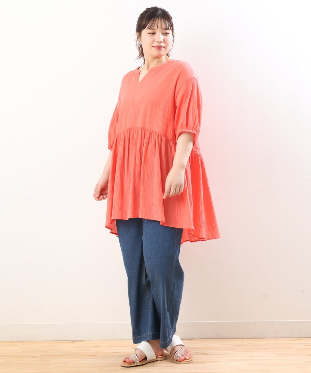 OLEGS42090 eur3(エウルキューブ) 【大きいサイズ/11号サイズあり】バンドカラーギャザーチュニック オレンジ(15)