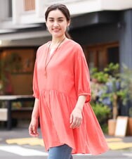 OLEGS42090 eur3(エウルキューブ) 【大きいサイズ/11号サイズあり】バンドカラーギャザーチュニック オレンジ(15)