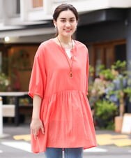 OLEGS42090 eur3(エウルキューブ) 【大きいサイズ/11号サイズあり】バンドカラーギャザーチュニック オレンジ(15)