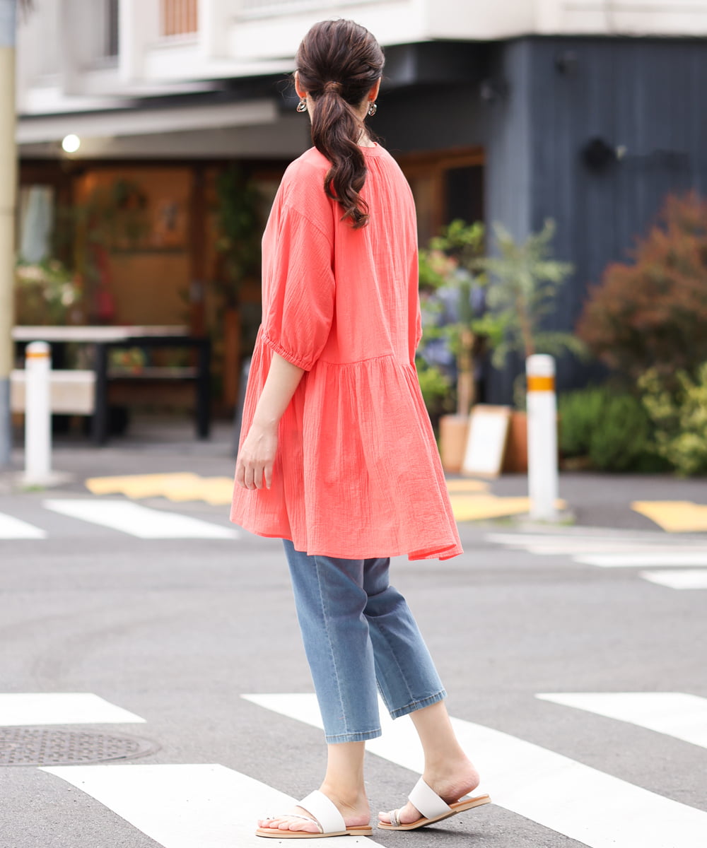 OLEGS42090 eur3(エウルキューブ) 【大きいサイズ/11号サイズあり】バンドカラーギャザーチュニック オレンジ(15)