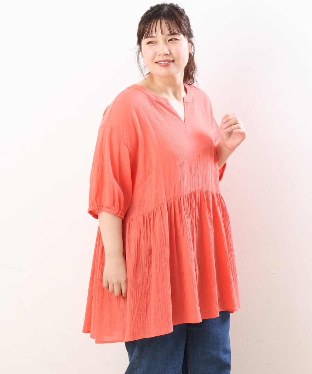 OLEGS42090 eur3(エウルキューブ) 【大きいサイズ/11号サイズあり】バンドカラーギャザーチュニック オレンジ(15)