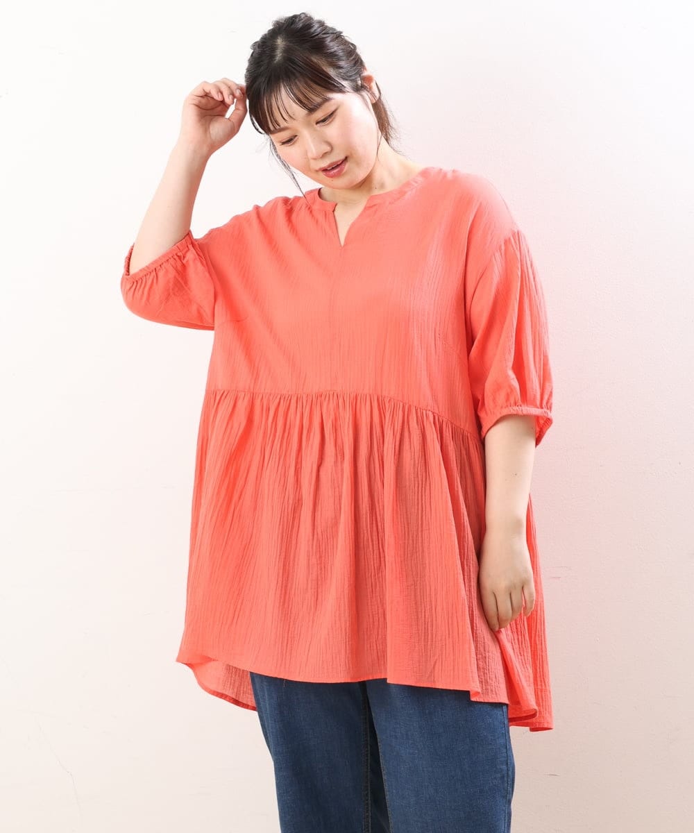 OLEGS42090 eur3(エウルキューブ) 【大きいサイズ/11号サイズあり】バンドカラーギャザーチュニック オレンジ(15)