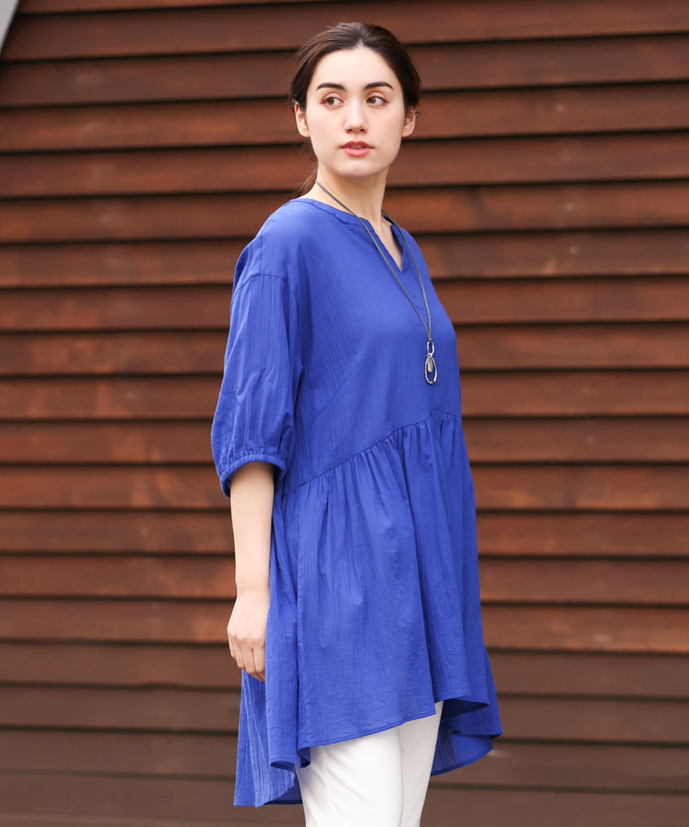 OLEGS42090 eur3(エウルキューブ) 【大きいサイズ/11号サイズあり】バンドカラーギャザーチュニック ブルー(55)