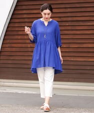 OLEGS42090 eur3(エウルキューブ) 【大きいサイズ/11号サイズあり】バンドカラーギャザーチュニック ブルー(55)