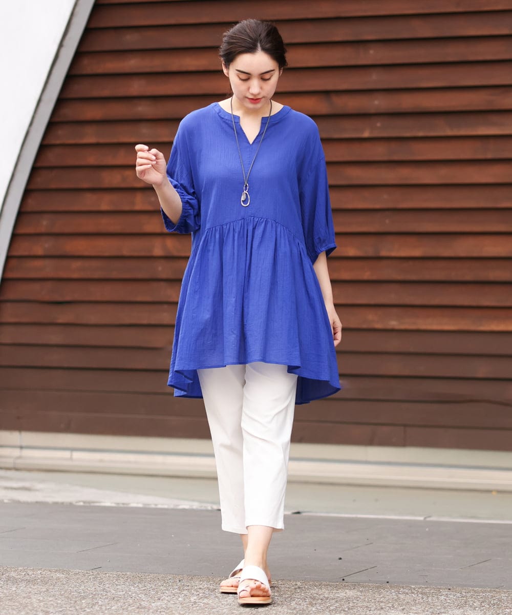 OLEGS42090 eur3(エウルキューブ) 【大きいサイズ/11号サイズあり】バンドカラーギャザーチュニック ブルー(55)