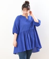 OLEGS42090 eur3(エウルキューブ) 【大きいサイズ/11号サイズあり】バンドカラーギャザーチュニック ブルー(55)