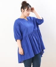 OLEGS42090 eur3(エウルキューブ) 【大きいサイズ/11号サイズあり】バンドカラーギャザーチュニック ブルー(55)