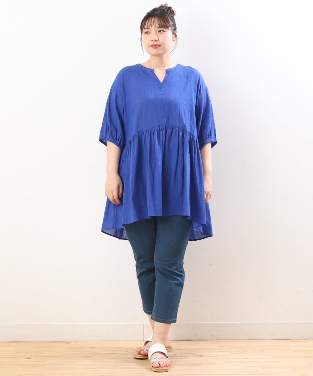 OLEGS42090 eur3(エウルキューブ) 【大きいサイズ/11号サイズあり】バンドカラーギャザーチュニック ブルー(55)