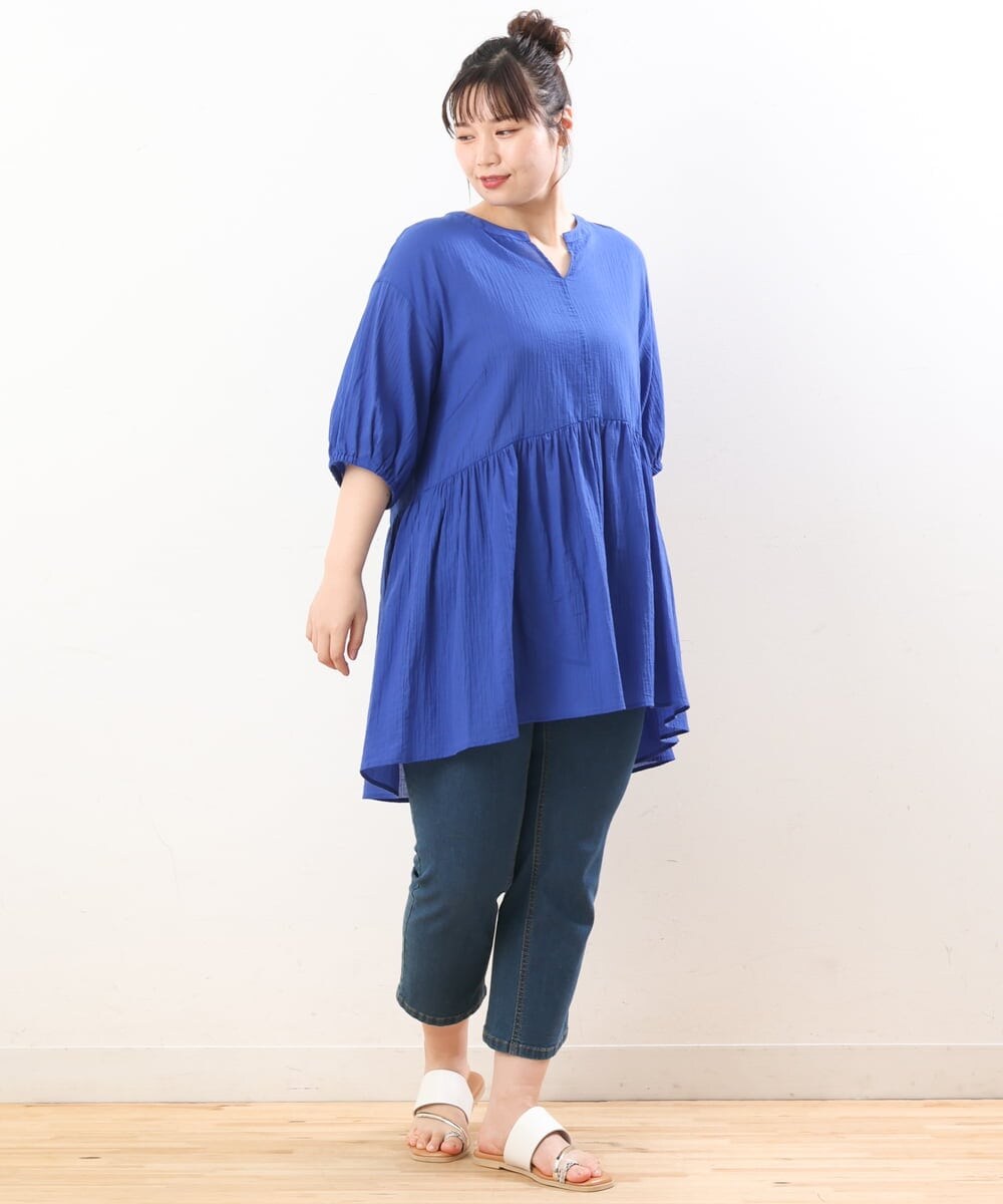 OLEGS42090 eur3(エウルキューブ) 【大きいサイズ/11号サイズあり】バンドカラーギャザーチュニック ブルー(55)