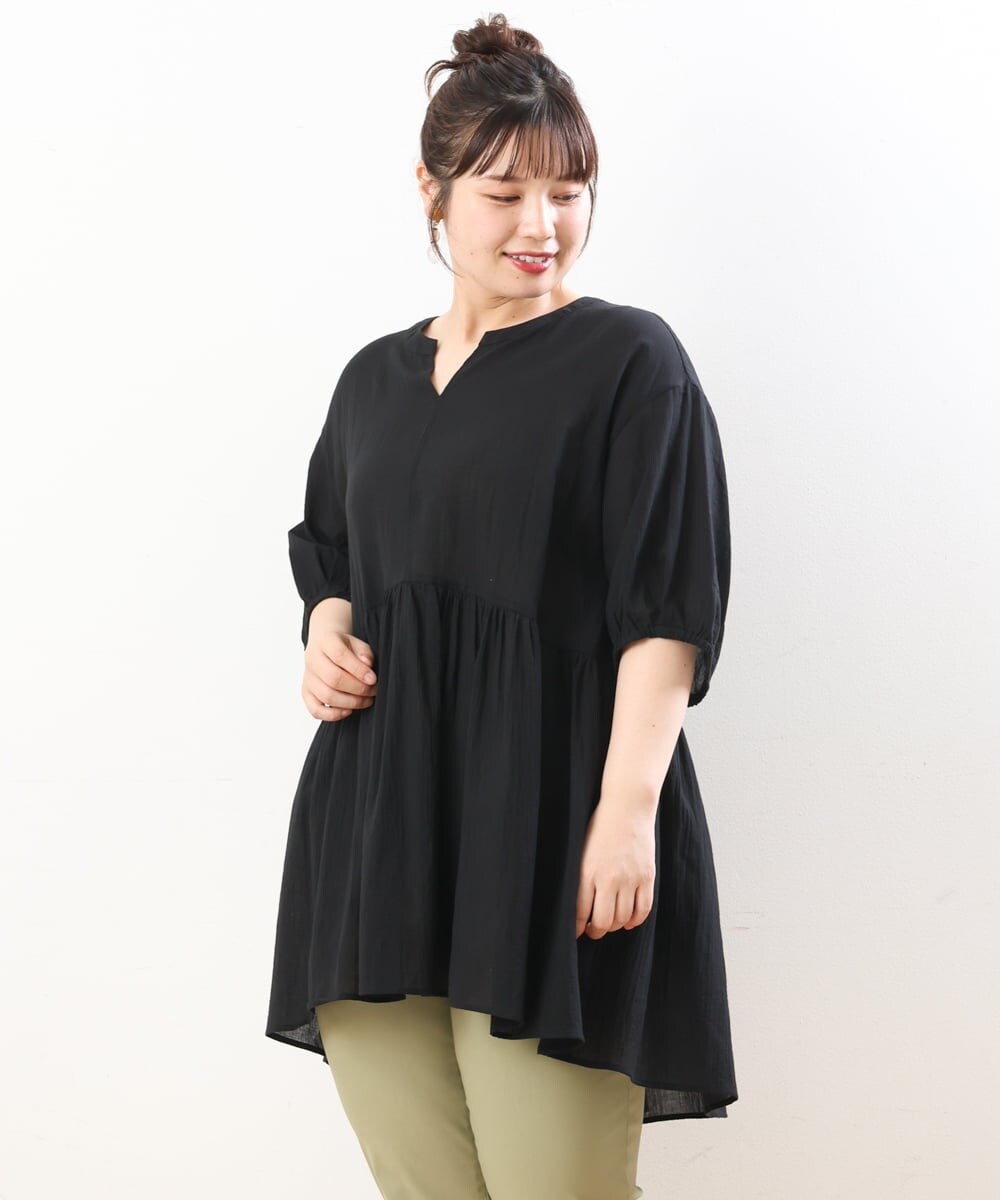 OLEGS42090 eur3(エウルキューブ) 【大きいサイズ/11号サイズあり】バンドカラーギャザーチュニック ブラック(94)