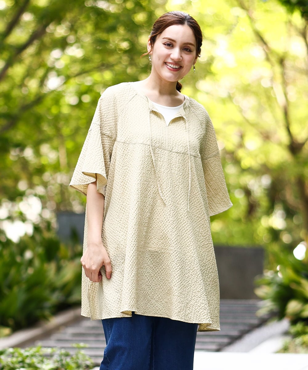 OLEHA28099 eur3(エウルキューブ) 【大きいサイズ】ぽこぽこフレアスリーブチュニック ライトイエロー(20)