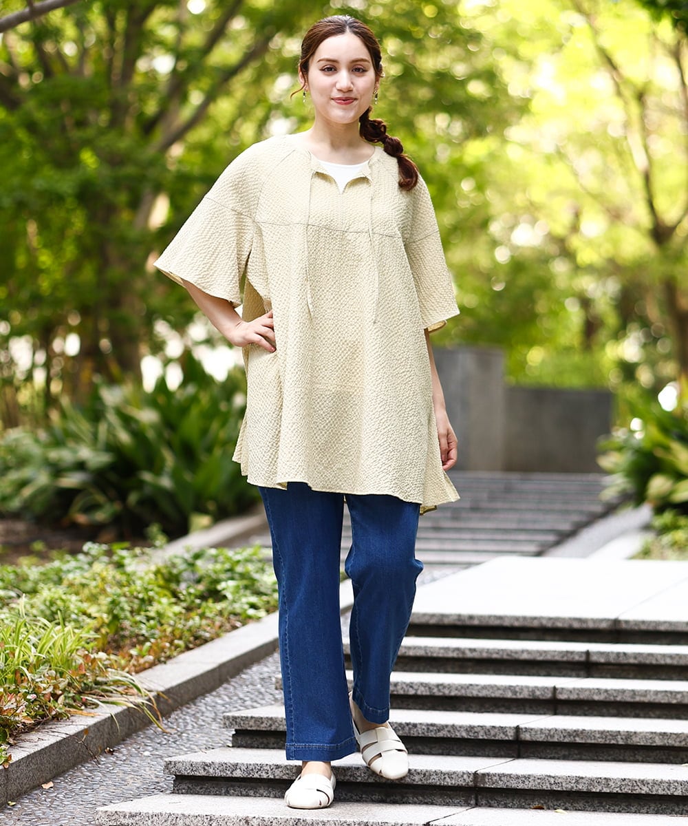 OLEHA28099 eur3(エウルキューブ) 【大きいサイズ】ぽこぽこフレアスリーブチュニック ライトイエロー(20)