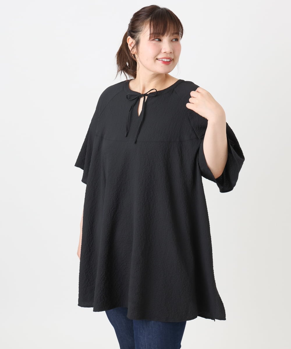 OLEHA28099 eur3(エウルキューブ) 【大きいサイズ】ぽこぽこフレアスリーブチュニック ブラック(94)
