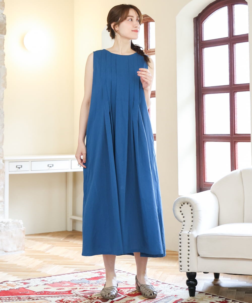 OLEHD20109 eur3(エウルキューブ) 【大きいサイズ】インド綿ノースリーブタックワンピース ブルー
