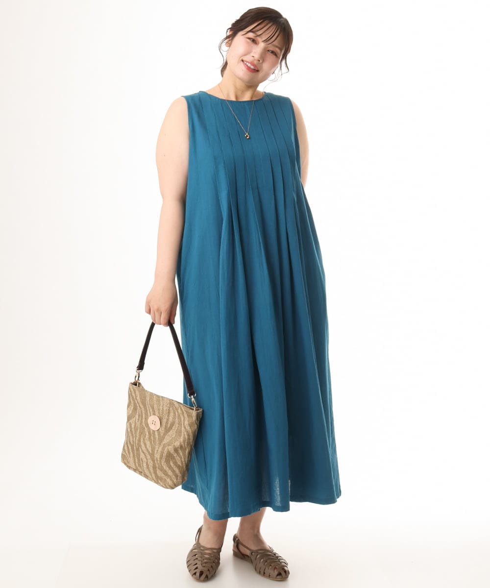 OLEHD20109 eur3(エウルキューブ) 【大きいサイズ】インド綿ノースリーブタックワンピース ブルー