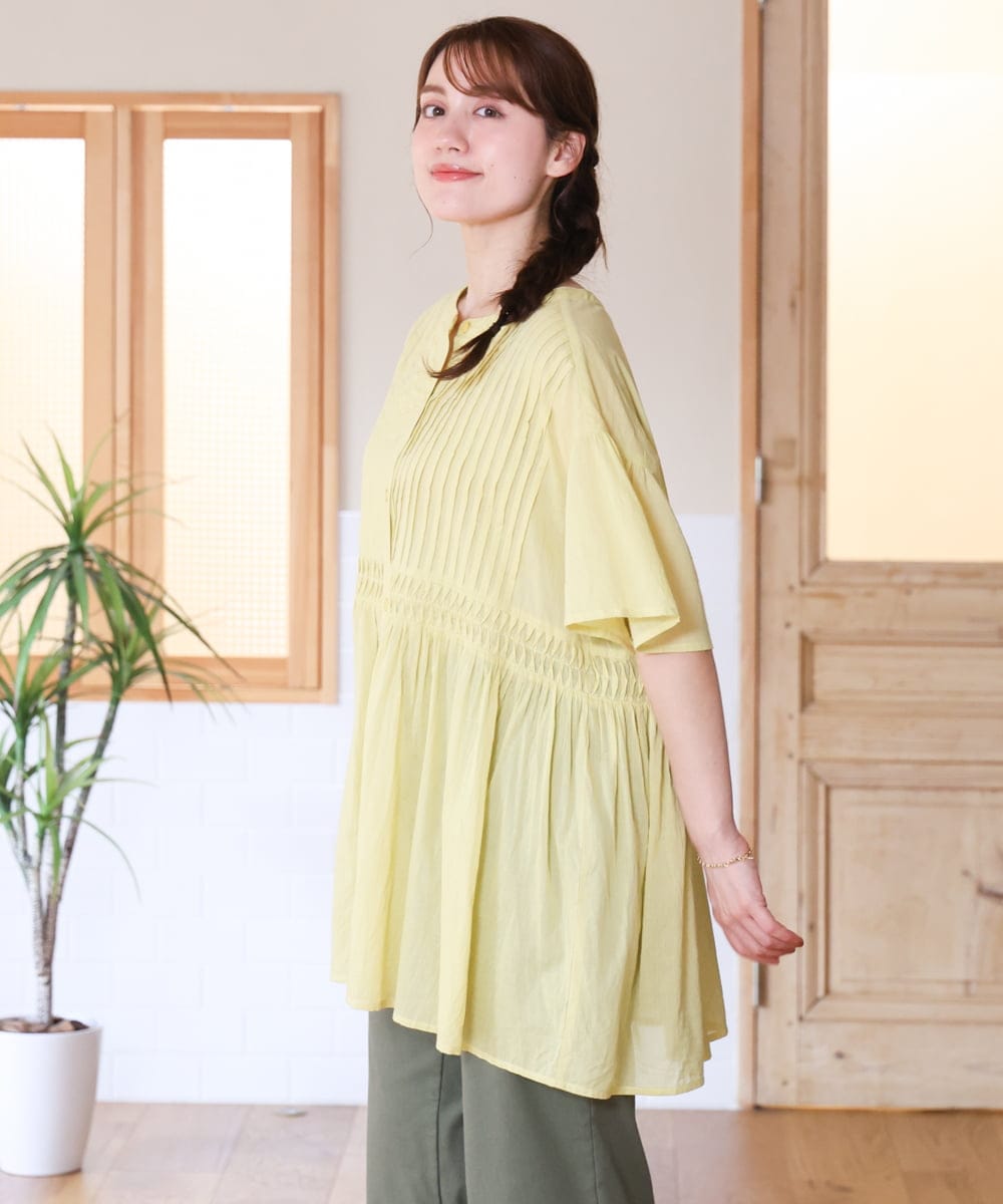 OLEHD32089 eur3(エウルキューブ) 【大きいサイズ】インド綿ギャザーチュニック イエロー