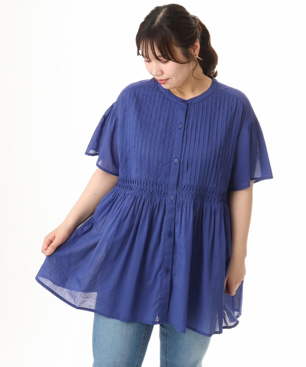 OLEHD32089 eur3(エウルキューブ) 【大きいサイズ】インド綿ギャザーチュニック ブルー