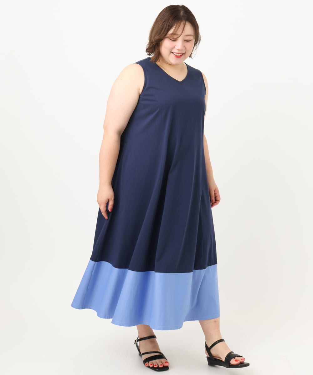 OLEIA43129 eur3(エウルキューブ) 【WEB先行販売】【大きいサイズ】バイカラーノースリーブワンピース ネイビー(57)