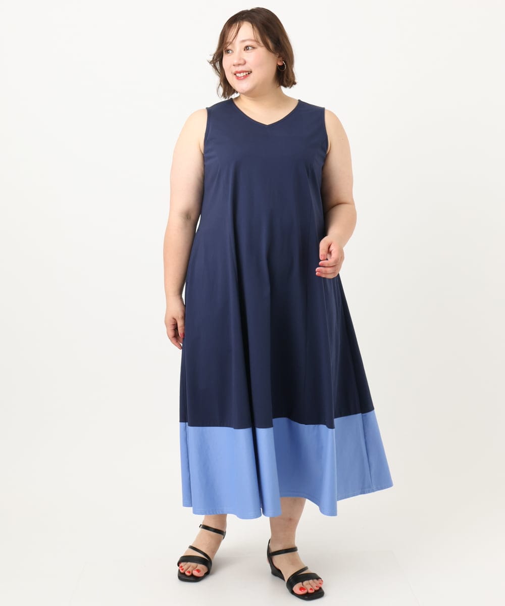 OLEIA43129 eur3(エウルキューブ) 【WEB先行販売】【大きいサイズ】バイカラーノースリーブワンピース ネイビー(57)