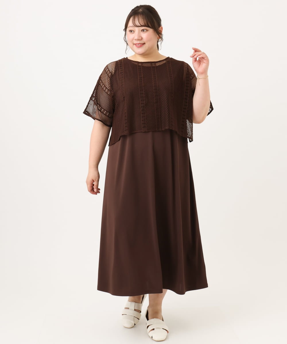 OLEID27089 eur3(エウルキューブ) 【WEB先行販売】【大きいサイズ/接触冷感/UVカット】メッシュレイヤードワンピース ダークブラウン