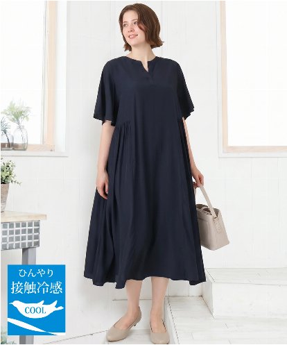 OLEID28169 eur3 【大きいサイズ/接触冷感】バンドカラーギャザーチュニック