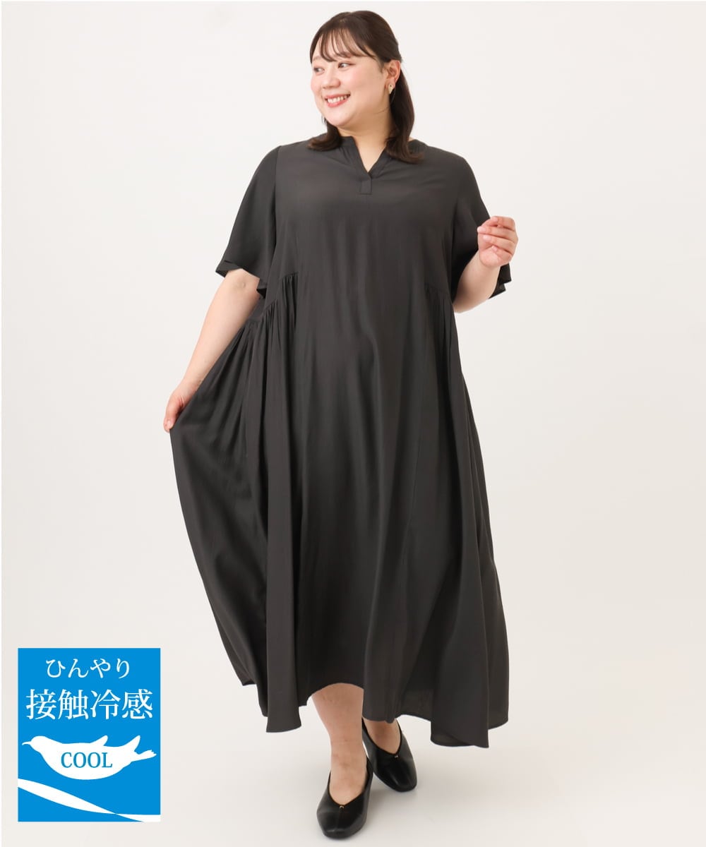 OLEID28169 eur3(エウルキューブ) 【WEB先行販売】【大きいサイズ/接触冷感】バンドカラーギャザーチュニック ダークブラウン