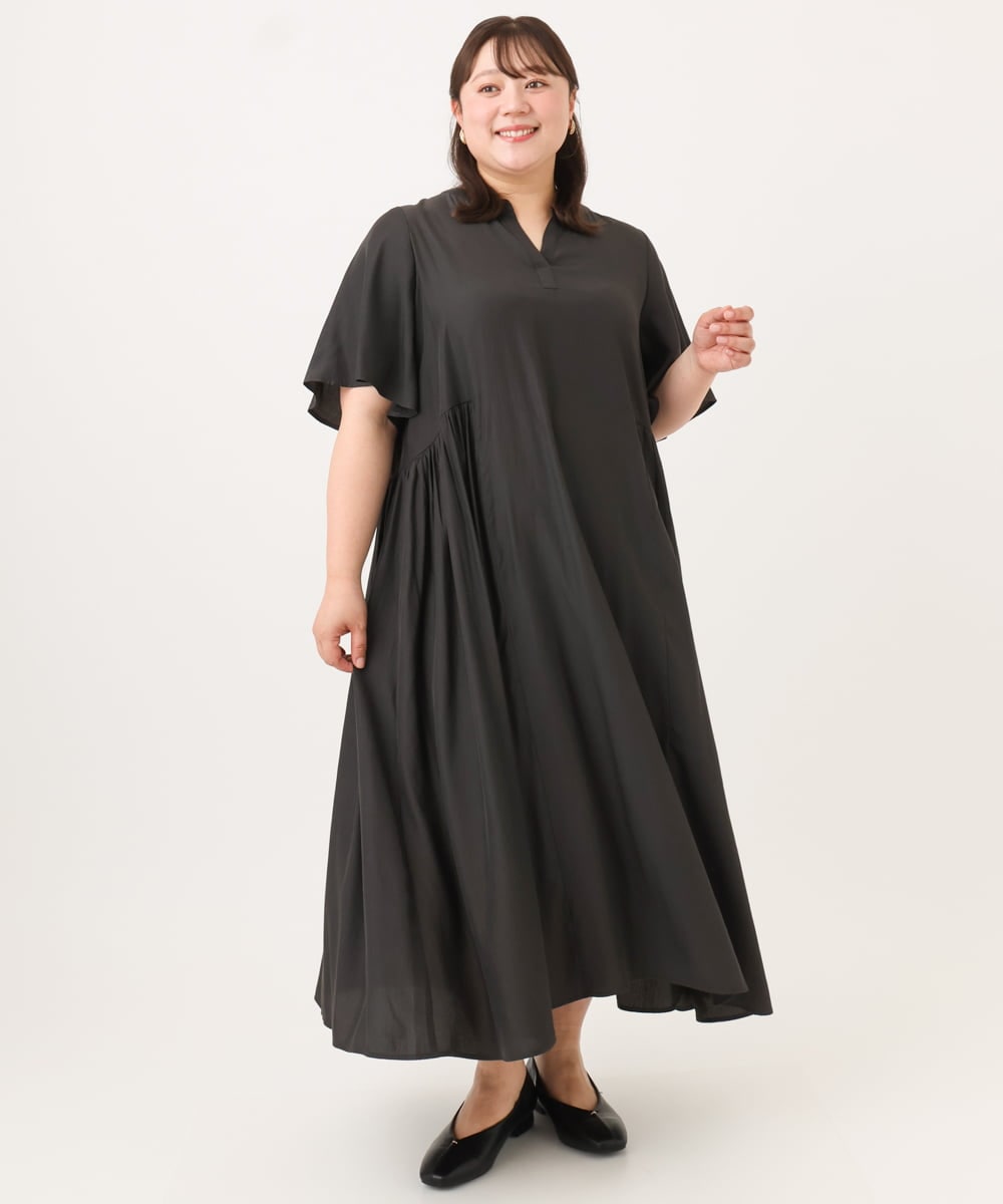 OLEID28169 eur3(エウルキューブ) 【WEB先行販売】【大きいサイズ/接触冷感】バンドカラーギャザーチュニック ダークブラウン