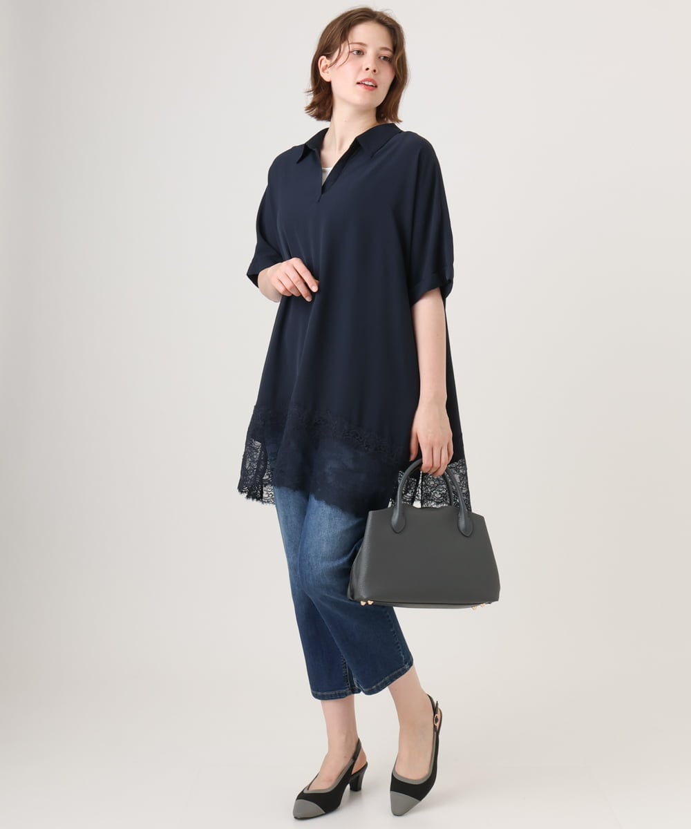 OLEID29099 eur3(エウルキューブ) 【WEB先行販売】【大きいサイズ/接触冷感】ヘムレースブラウスチュニック ネイビー