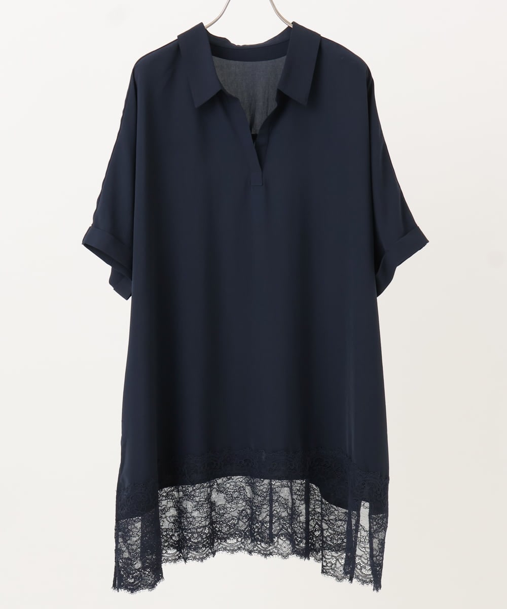 OLEID29099 eur3(エウルキューブ) 【WEB先行販売】【大きいサイズ/接触冷感】ヘムレースブラウスチュニック ネイビー