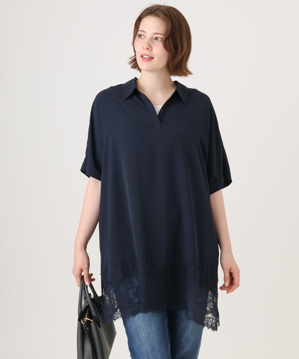 OLEID29099 eur3(エウルキューブ) 【WEB先行販売】【大きいサイズ/接触冷感】ヘムレースブラウスチュニック ネイビー