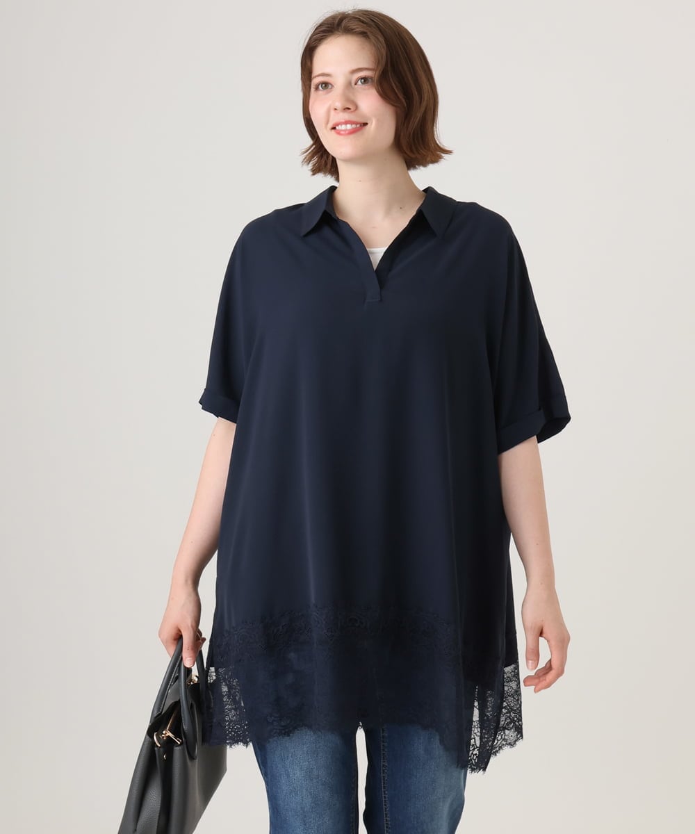 OLEID29099 eur3(エウルキューブ) 【WEB先行販売】【大きいサイズ/接触冷感】ヘムレースブラウスチュニック ネイビー