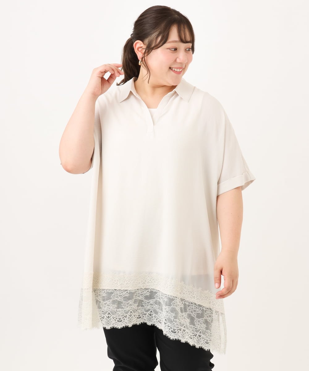 OLEID29099 eur3(エウルキューブ) 【WEB先行販売】【大きいサイズ/接触冷感】ヘムレースブラウスチュニック アイボリー