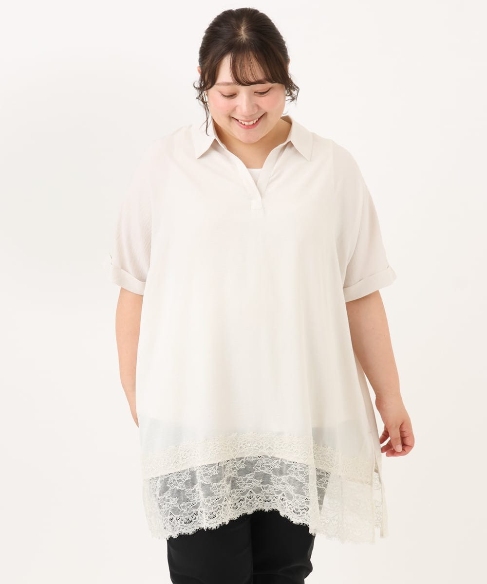OLEID29099 eur3(エウルキューブ) 【WEB先行販売】【大きいサイズ/接触冷感】ヘムレースブラウスチュニック アイボリー