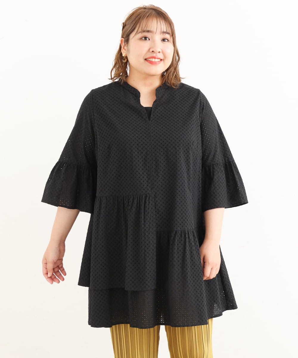 OLEIP51110 eur3(エウルキューブ) 【大きいサイズ/11号サイズあり】コットンティアードチュニック ブラック(94)