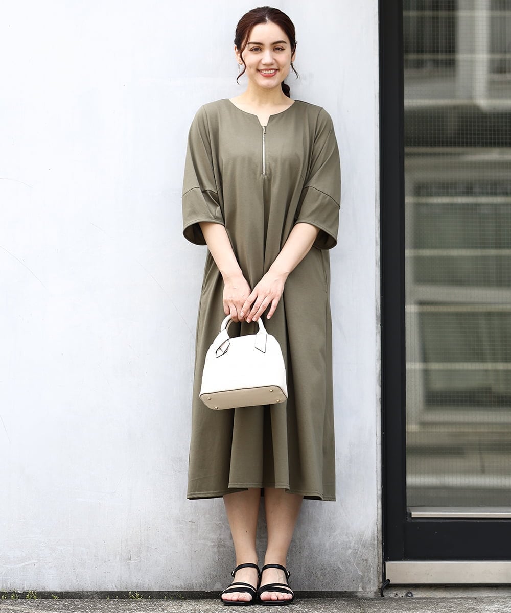 OLEIV38119 eur3(エウルキューブ) 【大きいサイズ/接触冷感】ハーフジップジャージーワンピース カーキ(36)
