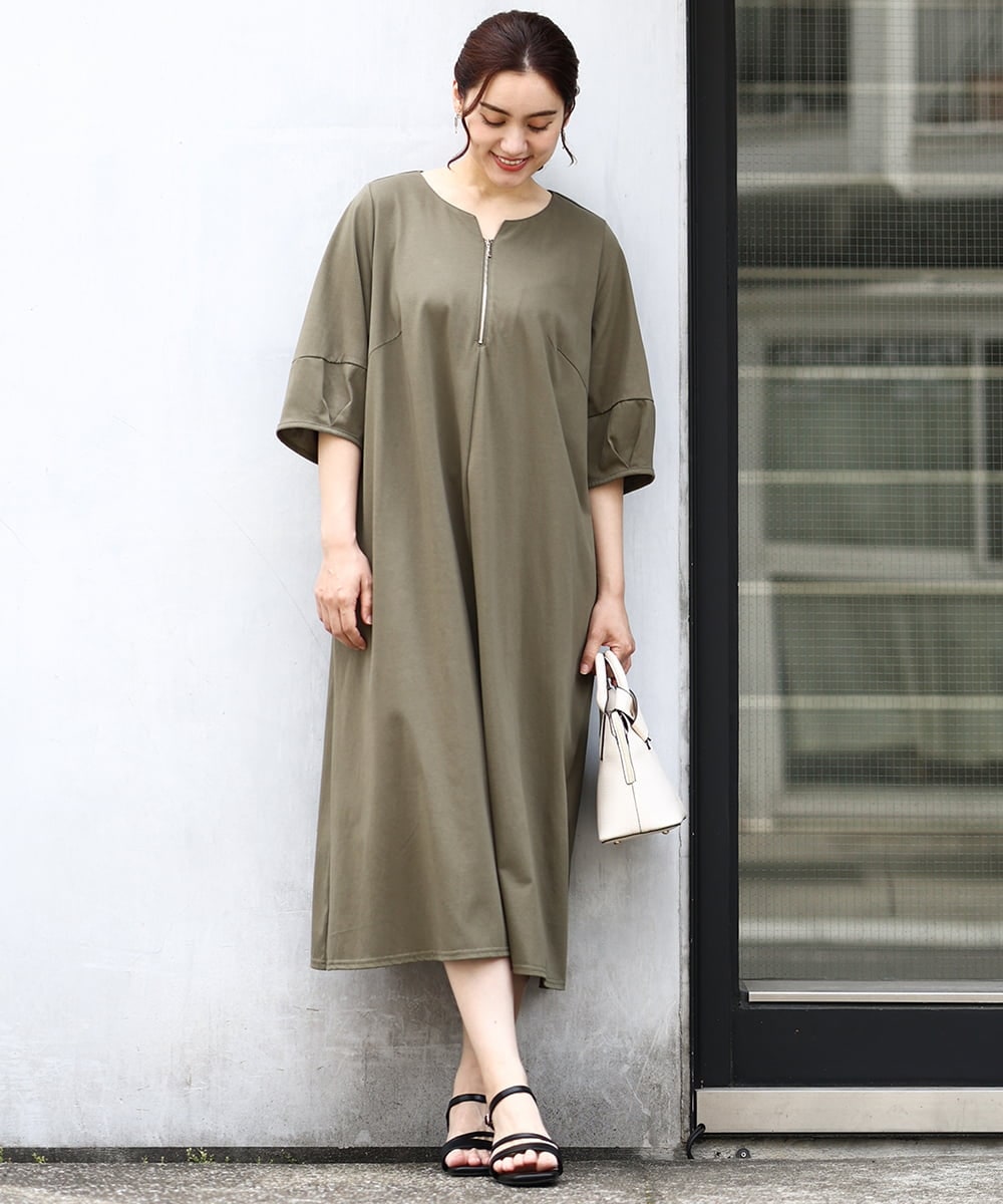 OLEIV38119 eur3(エウルキューブ) 【大きいサイズ/接触冷感】ハーフジップジャージーワンピース カーキ(36)