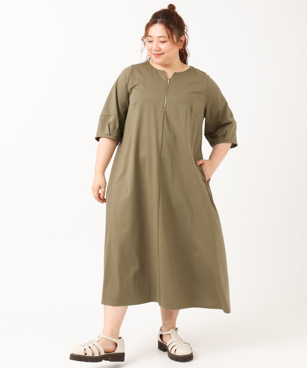 OLEIV38119 eur3(エウルキューブ) 【大きいサイズ/接触冷感】ハーフジップジャージーワンピース カーキ(36)