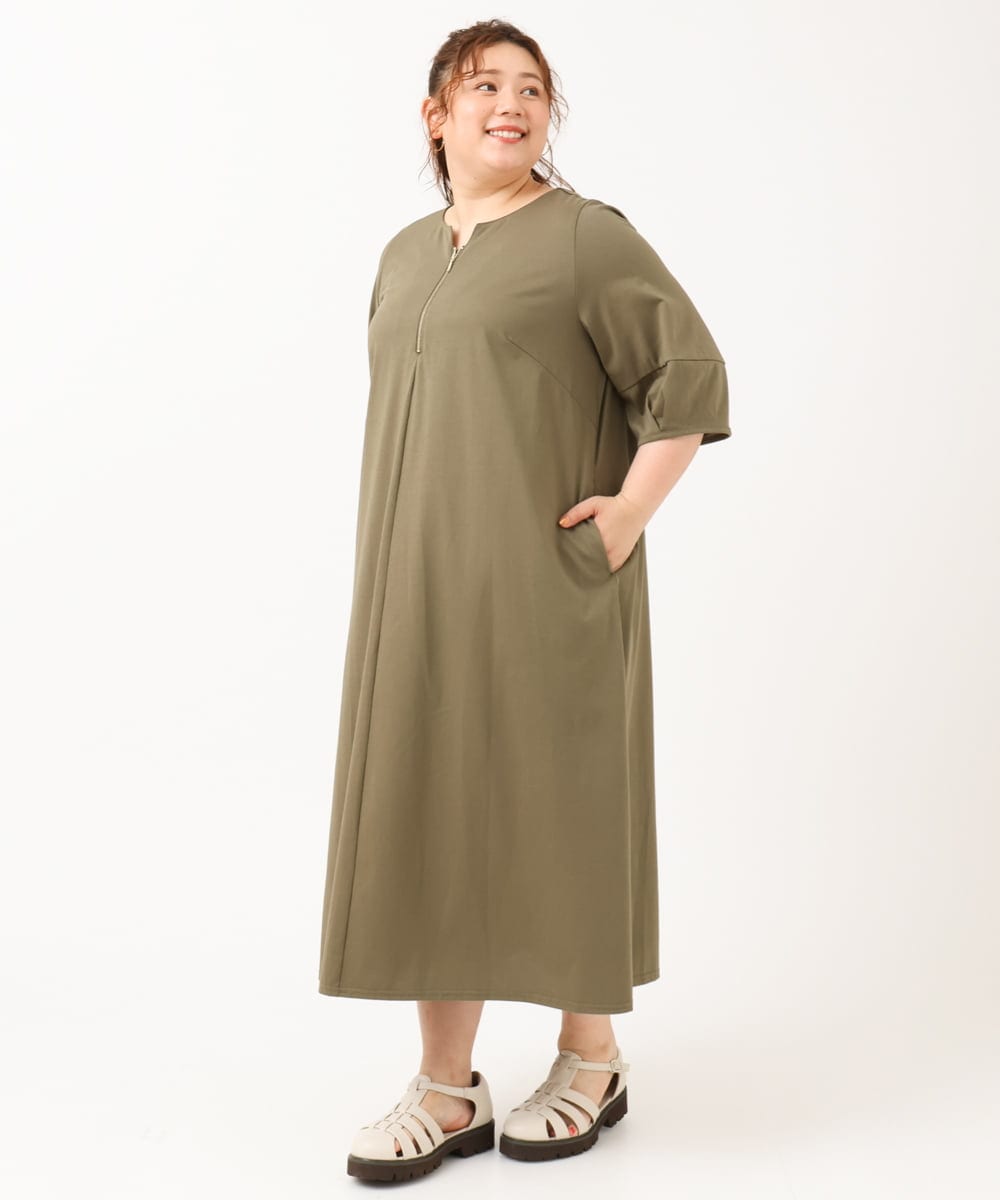 OLEIV38119 eur3(エウルキューブ) 【大きいサイズ/接触冷感】ハーフジップジャージーワンピース カーキ(36)