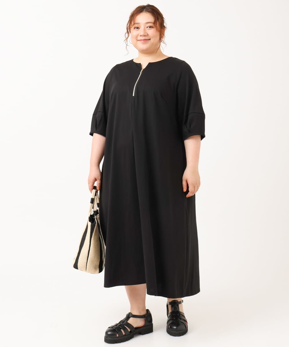 OLEIV38119 eur3(エウルキューブ) 【大きいサイズ/接触冷感】ハーフジップジャージーワンピース ブラック(94)