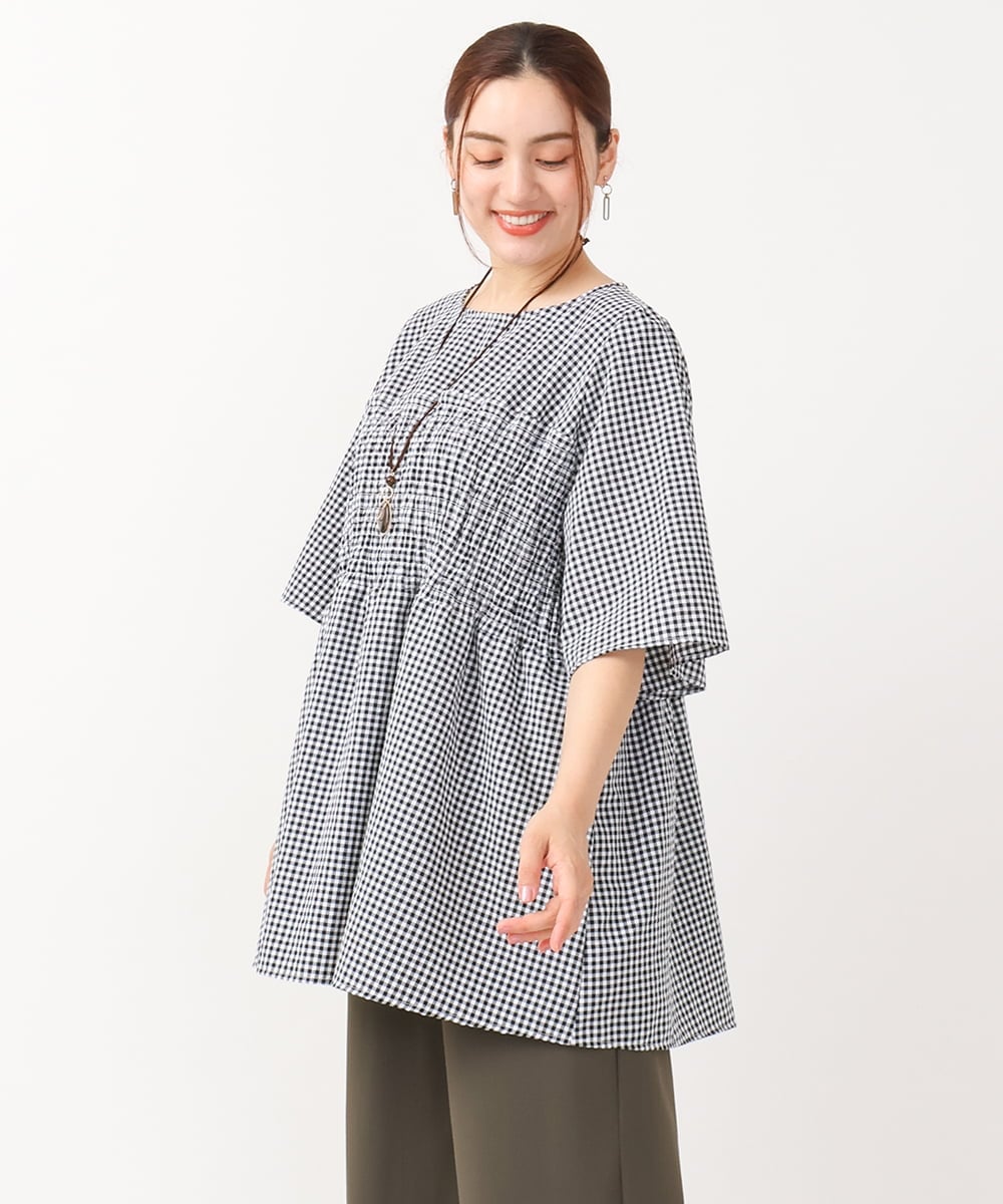 OLEIV39099 eur3(エウルキューブ) 【大きいサイズ】ギンガムチェックシャーリングチュニック アイボリー(80)