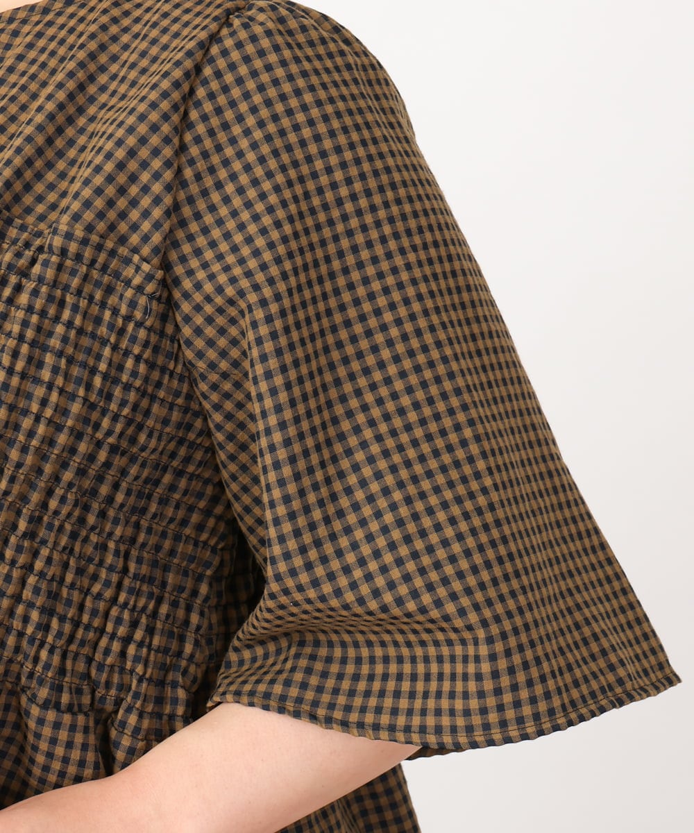 OLEIV39099 eur3(エウルキューブ) 【大きいサイズ】ギンガムチェックシャーリングチュニック キャメル(83)