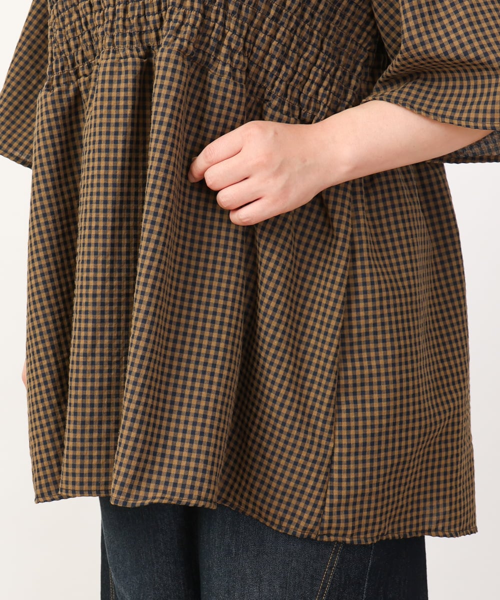 OLEIV39099 eur3(エウルキューブ) 【大きいサイズ】ギンガムチェックシャーリングチュニック キャメル(83)