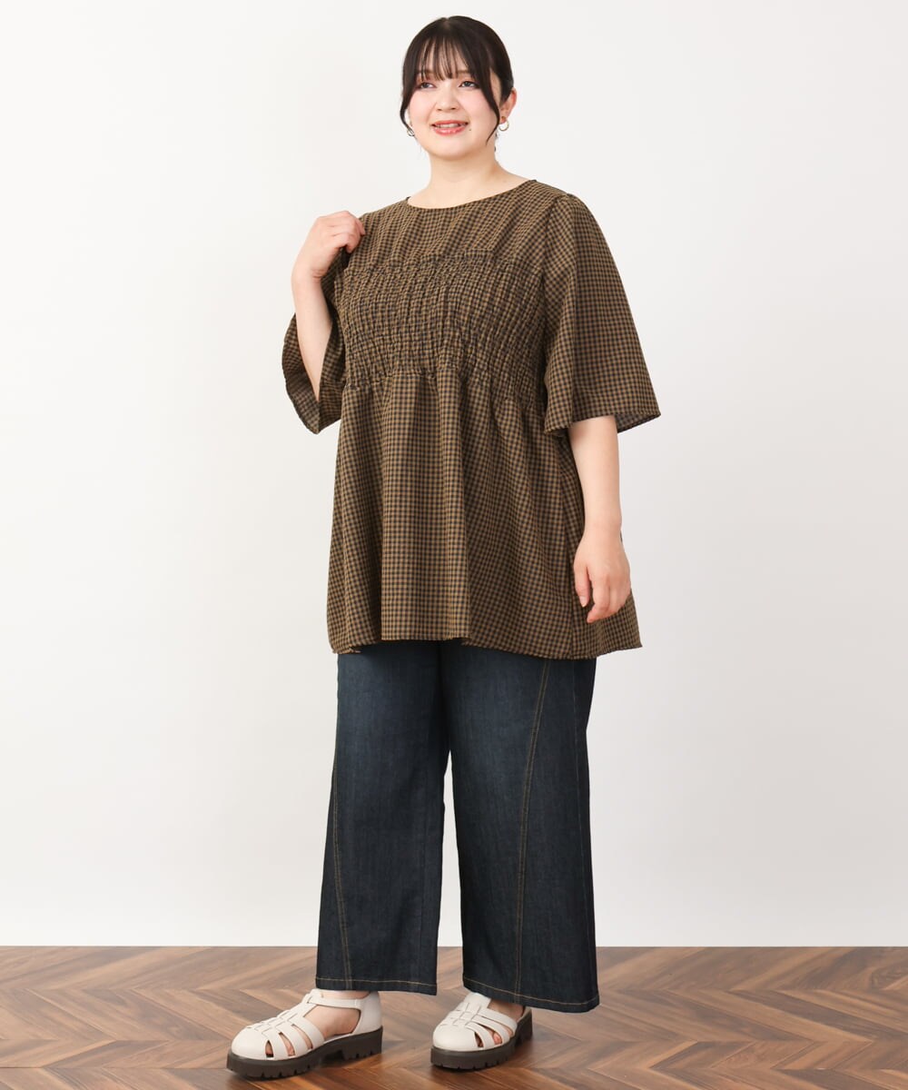 OLEIV39099 eur3(エウルキューブ) 【大きいサイズ】ギンガムチェックシャーリングチュニック キャメル(83)