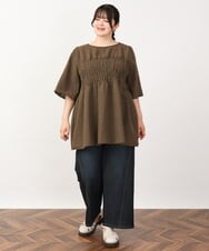 OLEIV39099 eur3(エウルキューブ) 【大きいサイズ】ギンガムチェックシャーリングチュニック キャメル(83)