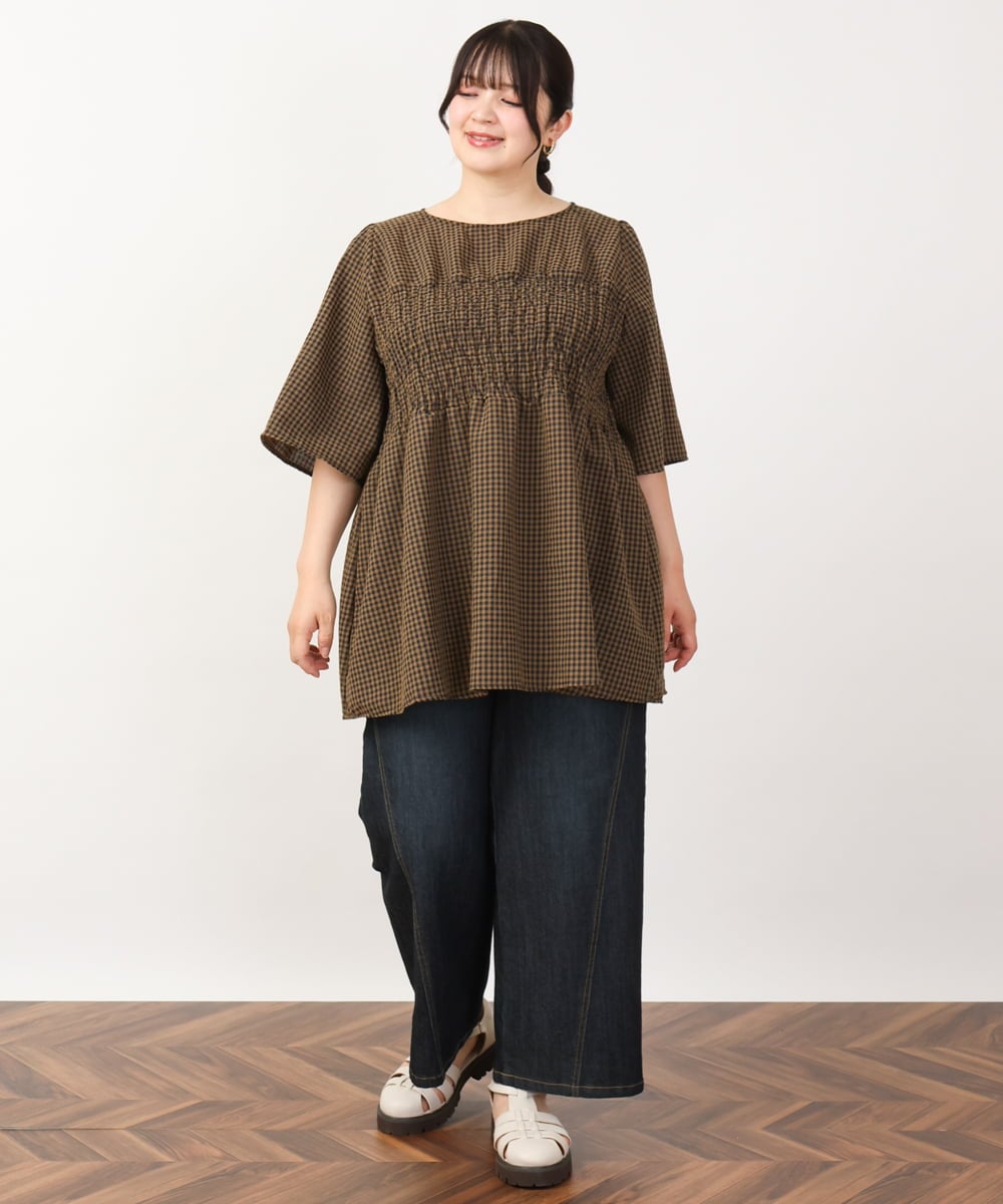 OLEIV39099 eur3(エウルキューブ) 【大きいサイズ】ギンガムチェックシャーリングチュニック キャメル(83)