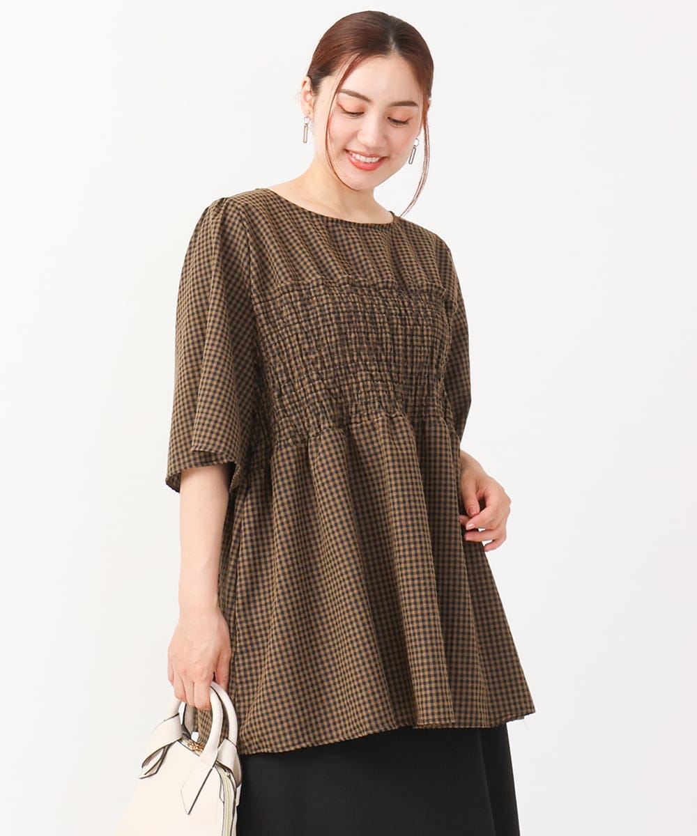 OLEIV39099 eur3(エウルキューブ) 【大きいサイズ】ギンガムチェックシャーリングチュニック キャメル(83)