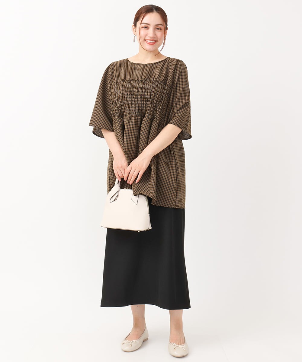 OLEIV39099 eur3(エウルキューブ) 【大きいサイズ】ギンガムチェックシャーリングチュニック キャメル(83)