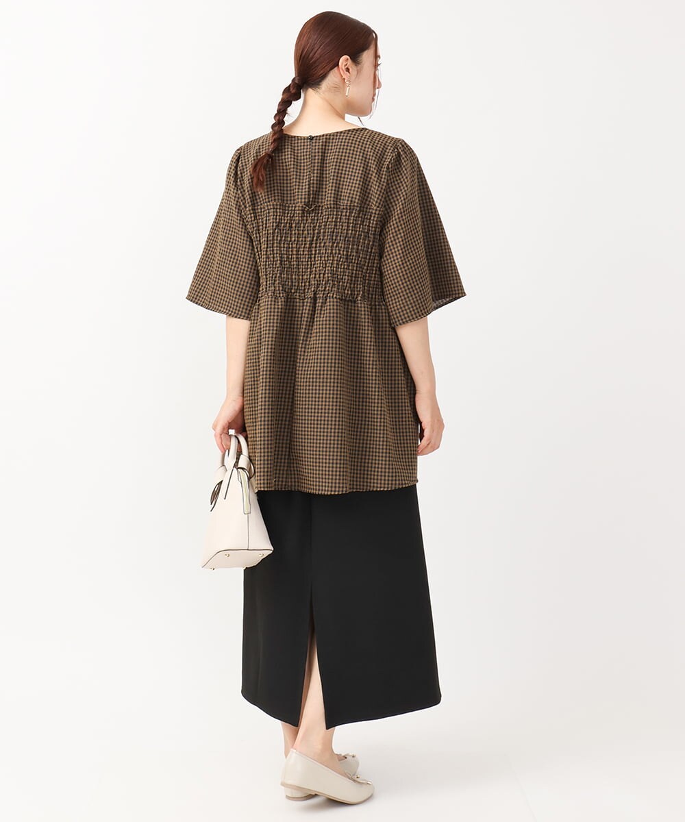 OLEIV39099 eur3(エウルキューブ) 【大きいサイズ】ギンガムチェックシャーリングチュニック キャメル(83)